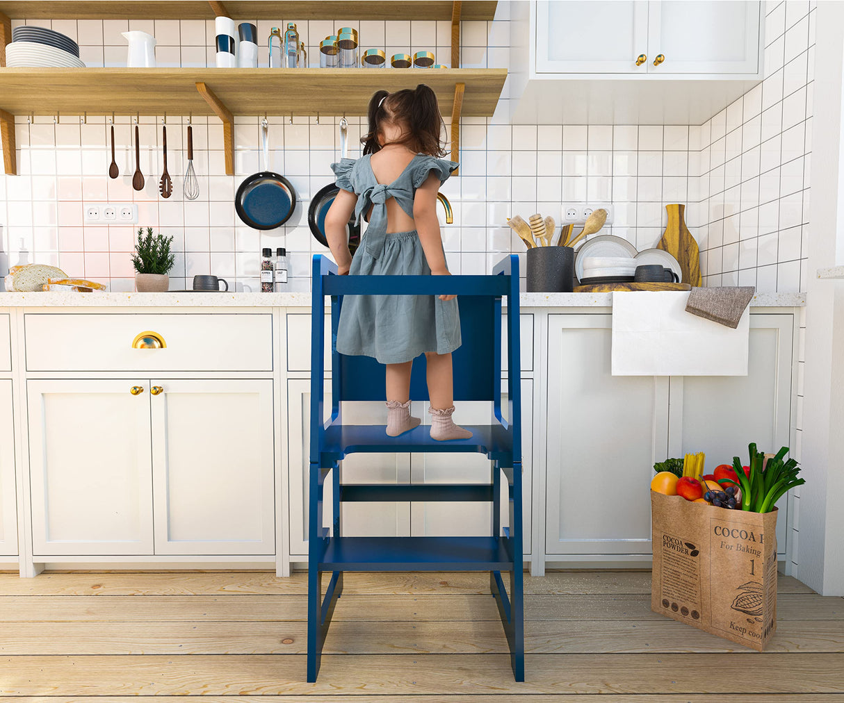 Avenlur Date 4-in-1 Foldable Kitchen Tower - Toddler Step Stool with Chalkboard, Desk Table and Chair - Waldorf and Montessori Kitchen Stool - Kitchen Stool Tower for Toddlers 18 Months to 6 Years Avenlur
