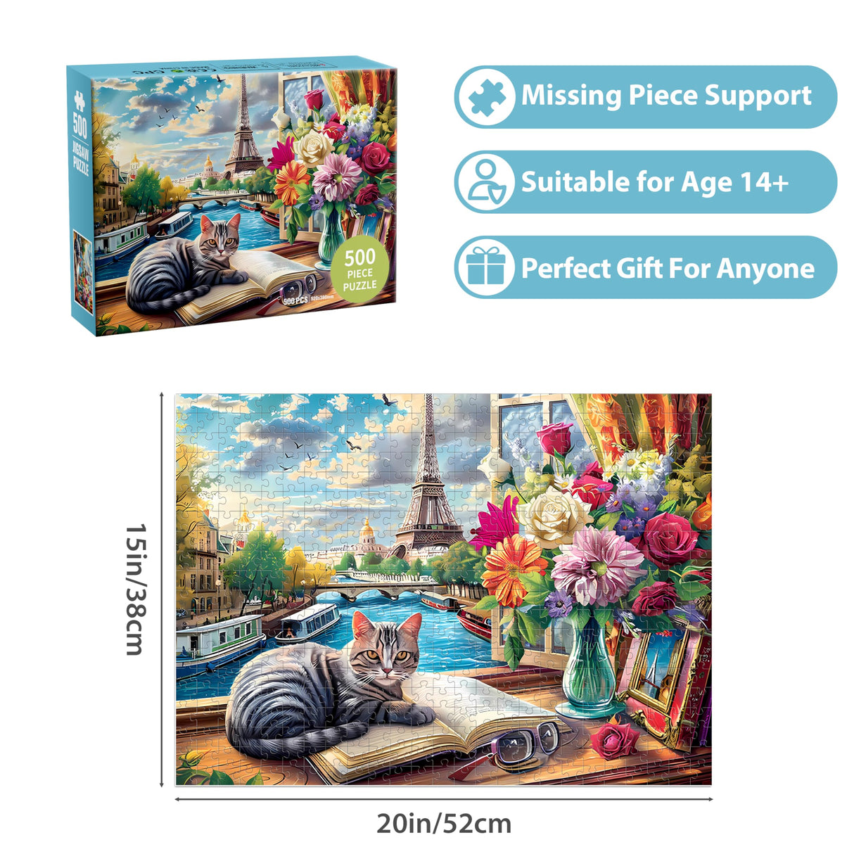 500 Pieces Puzzle for Adults Puzzle Cat Paris Puzzle for Elderly Children, Recycled Paper Jigsaw Puzzle 500 Pieces Challenging Puzzle Family Game Gift for Friends, Finished Size is 21x15 in Jeacirio