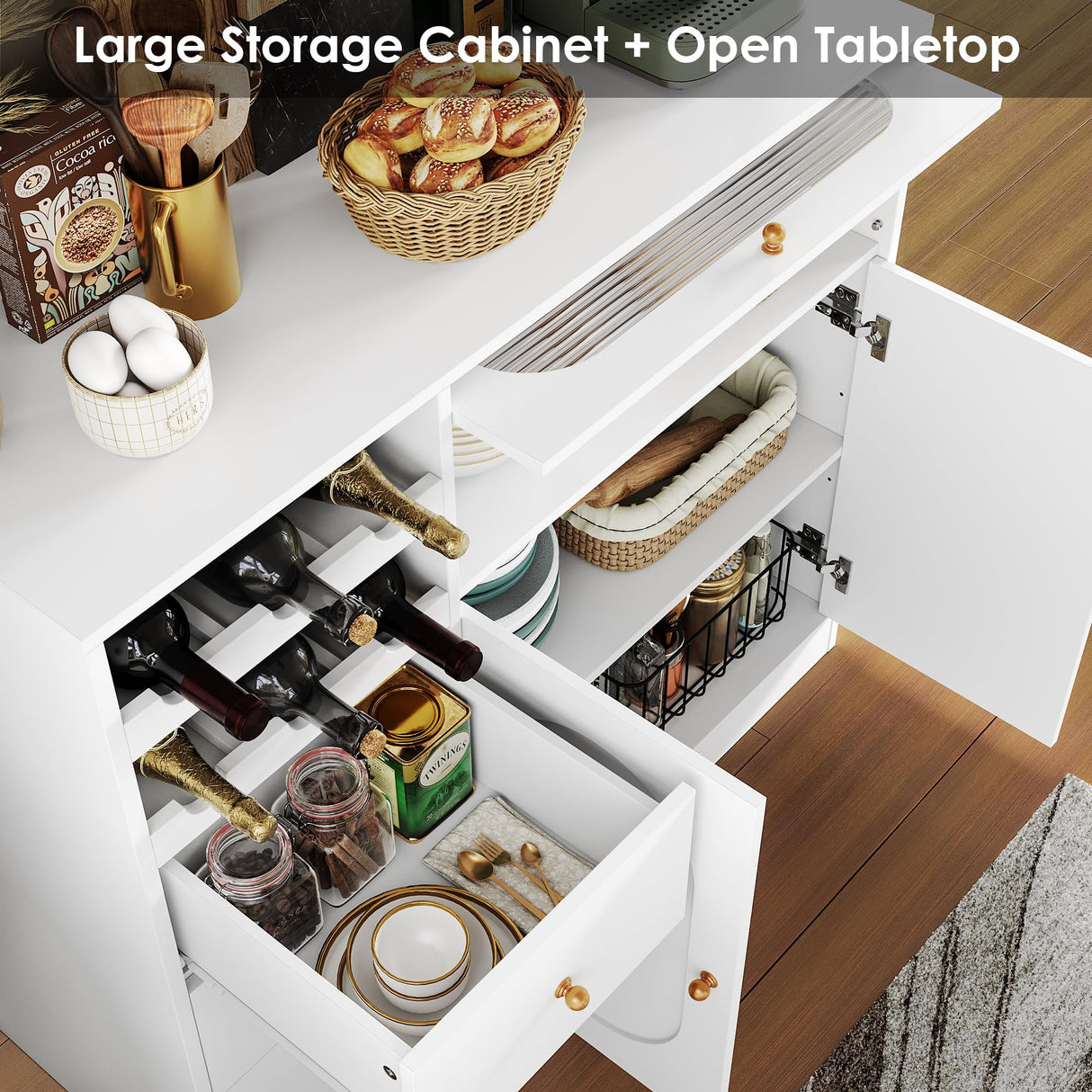 FACBOTALL Kitchen Pantry Storage Cabinet with Hutch, Buffet Cabinet with Storage, Coffee Bar Cabinet with Power Outlets, Microwave Stand, Wine Racks, Kitchen Cupboard for Dining & Living Room, White FACBOTALL