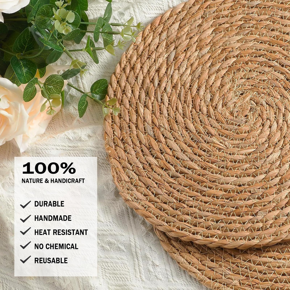 Handmade Heat Resistant 12" Round Woven Placemats Set of 8, Wicker Boho No Chemical Natural Water Hyacinth Place Mats, Farmhouse Table Mats for Kitchen Dining Table,Home Decorations,Wedding Chic Glamour