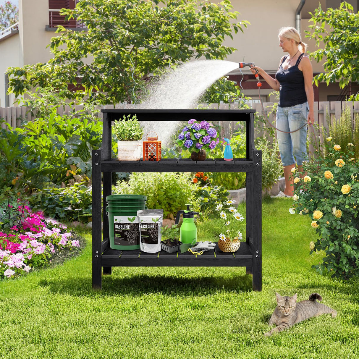 ONBRILL Potting Bench Table, HDPS Potting Bench with 4 Side Hooks, All-Weather Garden Table Work Station, Outdoor Potting Table for Porch, No Rust, No Fade, No Break, 360lbs Capacity (Black, Large) ONBRILL