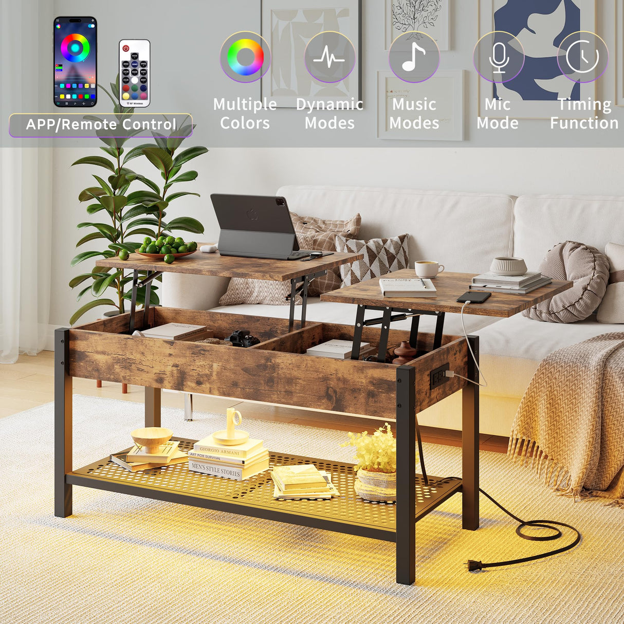 HOJINLINERO Lift Top Coffee Table with Storage/LED Lights,41.7" Small Coffee Table for Living Room,Farmhouse Coffee Table with Storage Shelf and Hidden Compartment,Dining Table Center Table,Brown HOJINLINERO