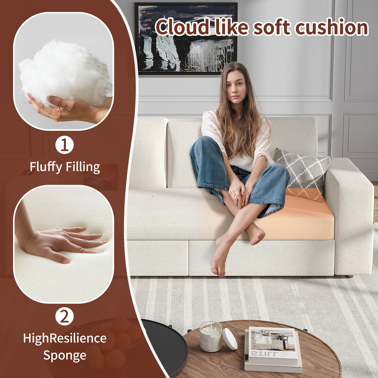 Maupvit 75” Loveseat Sofa with 2 Drawers, USB & Type-C Charging Port, Comfortable Linen Living Room Couch with Small Table Board, Upholstered Small Settee Fits Bedroom, Office,Beige Maupvit