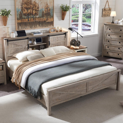 Farmhouse Queen Bed Frame with Bookcase Headboard, Sliding Barn Doors, and Storage in Light Rustic Oak