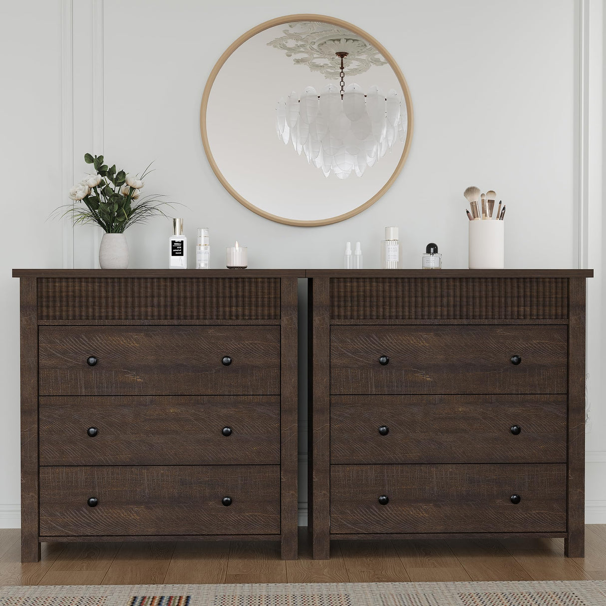 GarveeHome 3 Drawer Dresser, Modern Fluted Nightstand, Wooden Chest of Drawers, Storage End Table Organizer for Bedroom, Living Room, Hallway, Walnut GarveeHome