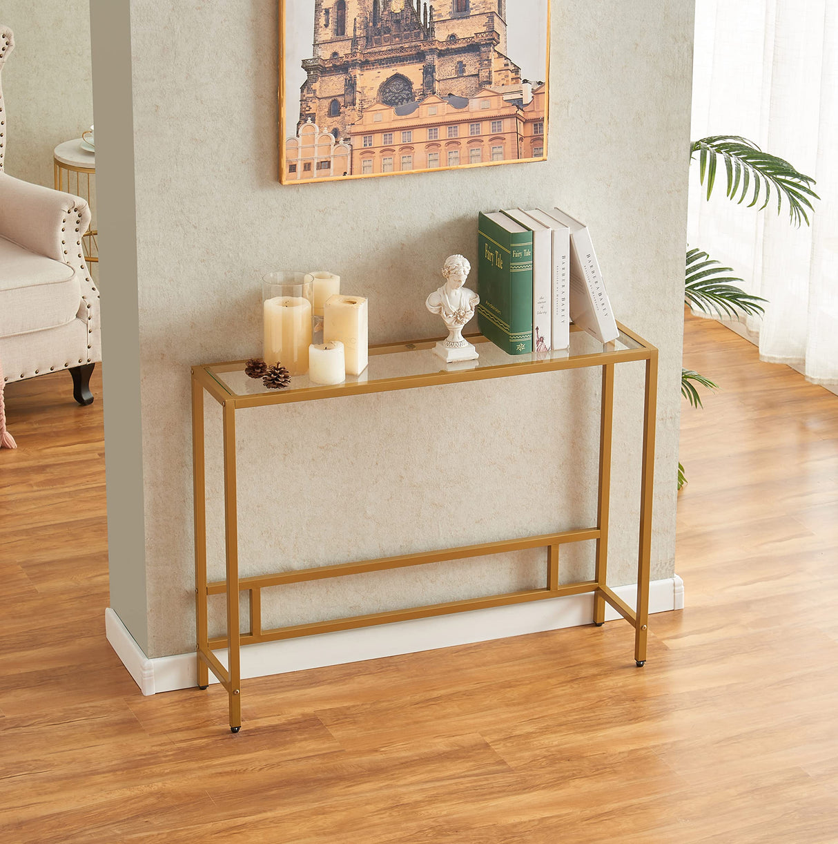 MAJARO Small Modern Console Table for Entryway, Tempered Glass with Golden Metal Frame Sofa Table for Living Room, Hallway, Office MAJARO