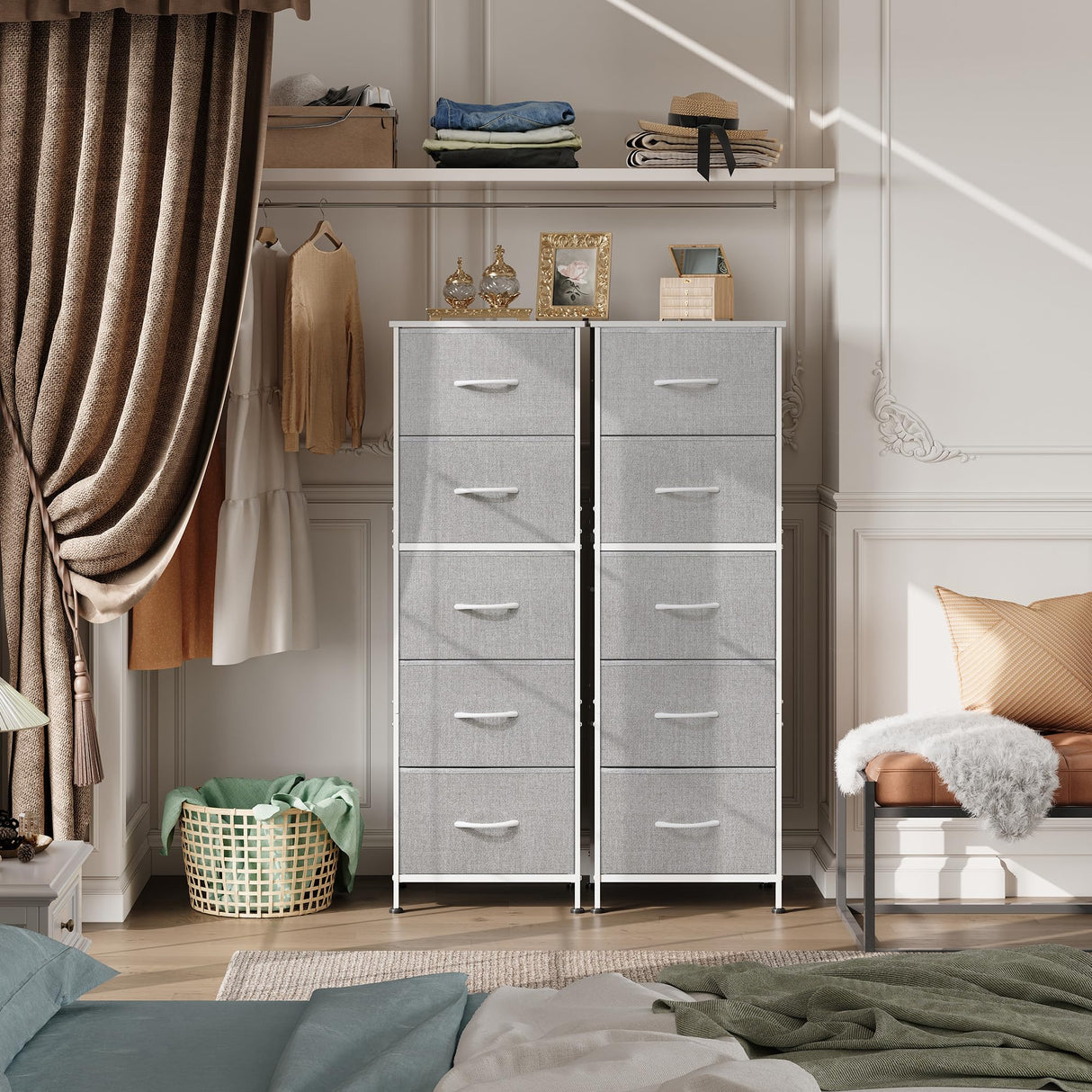 WLIVE Fabric Dresser, 5-Drawer Tall Dressers for Bedroom, Storage Dresser Organizer with Fabric Bins, Wood Top, Sturdy Steel Frame, Chest of Drawers for Closet, Hallway, Light Grey WLIVE