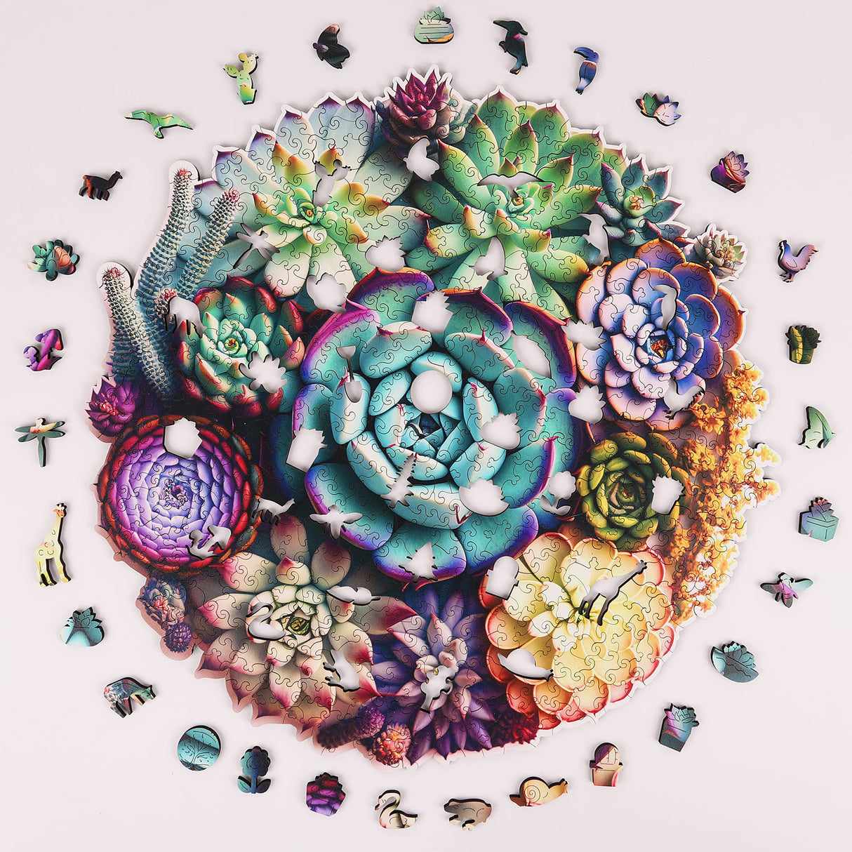 Mys Aurora Unique Wooden Jigsaw Puzzles - Mandala Succulent Plants, 500 Pcs King Size 16.9'' x 16.3'', Luxurious Shaped Wood Puzzle, Beautiful Package, Best Gift for Adults and Kids, Family Game Mys Aurora
