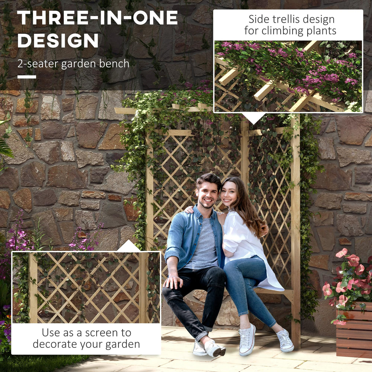 Outsunny 55" Garden Arch Bench, Wooden Trellis Park Bench for Outside with Slatted Seat, Lattice Backrest for Climbing Plants & Vines Outside On Lawn, Porch, Deck, Natural Outsunny