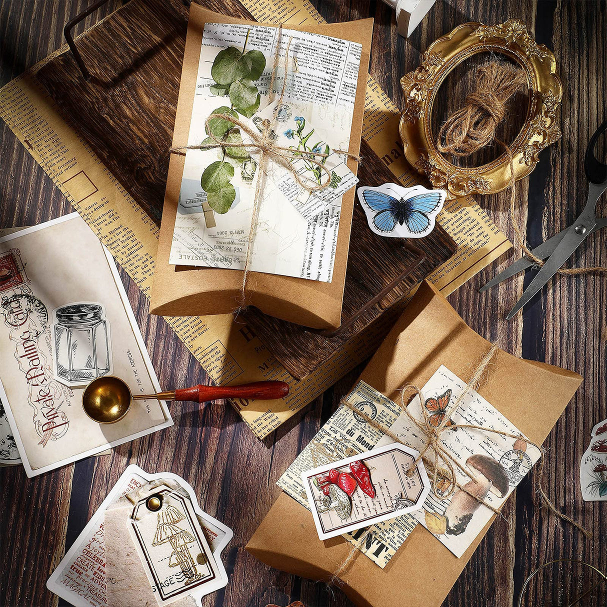 120 Pcs Vintage Aesthetic Scrapbook Kit Junk Journaling Supply with Retro Stamp Stickers,Material Paper, Tag Card,Hand Account Collage Card,Pillow Box,Twine Diary Supply Birthday Gift(Artsy Style) Zonon