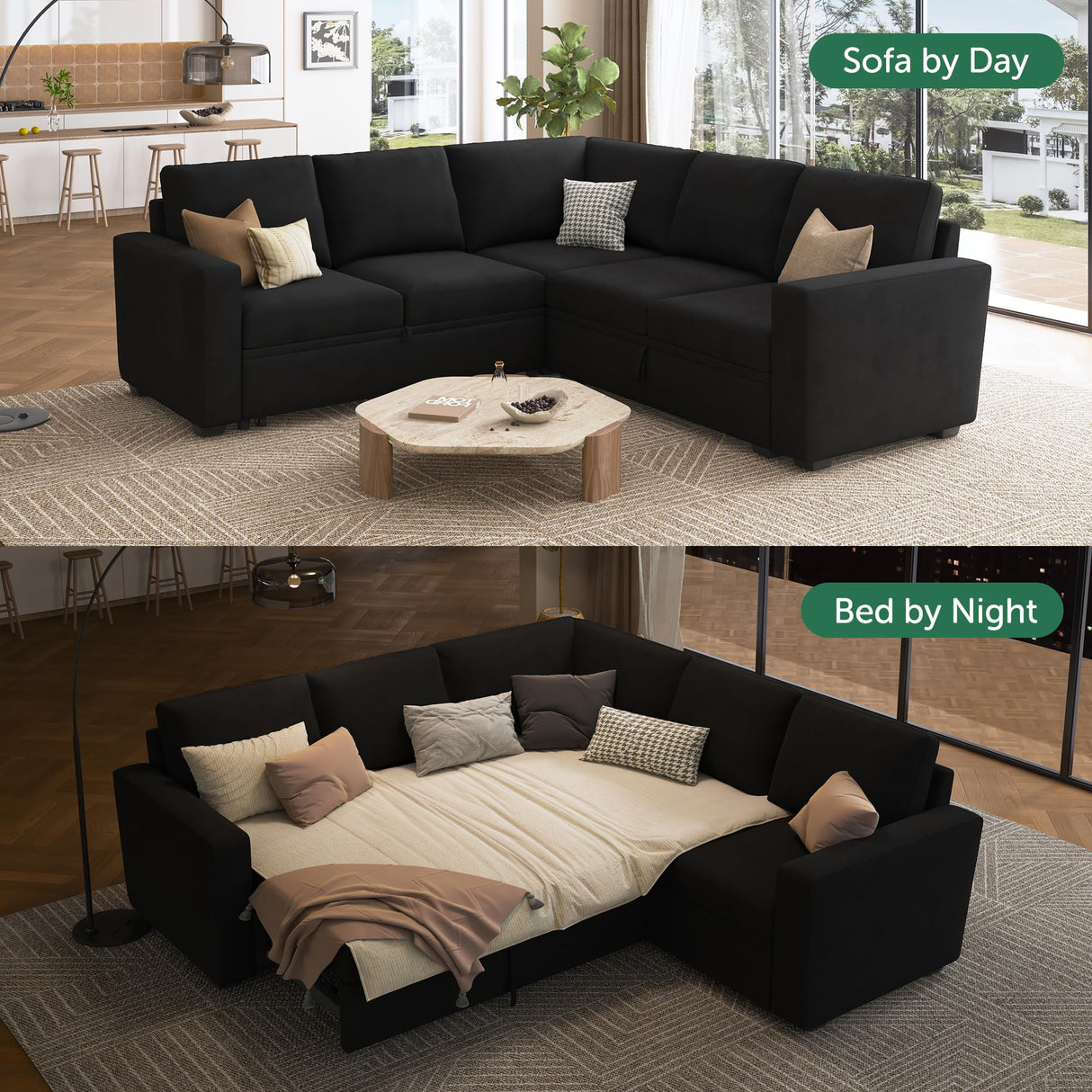 HONBAY Modular Sectional Sleeper Sofa with Pull Out Bed, Velvet L Shaped Sectional Couch with Storage Seat, Convertible Sectional Couches for Living Room, Black HONBAY