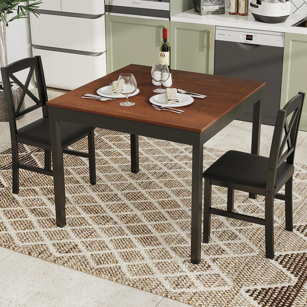 Tangkula Mid-Century Modern Dining Table Set for 2, Wooden Kitchen Table & 2 Chairs with Padded Seats, 3-Piece Compact Dining Set for Small Spaces, Kitchen, Living Room (Brown+Black) Tangkula