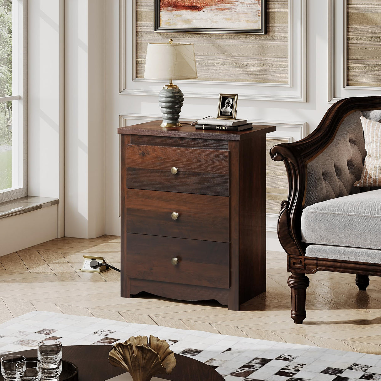 WLIVE Tall Nightstand with Charging Station, Wood Nightstand with 3 Drawers, Side Table for Bedroom, Dorm, End Table with 2 USB Ports and 2 AC Outlets, Bedside Table, Espresso WLIVE