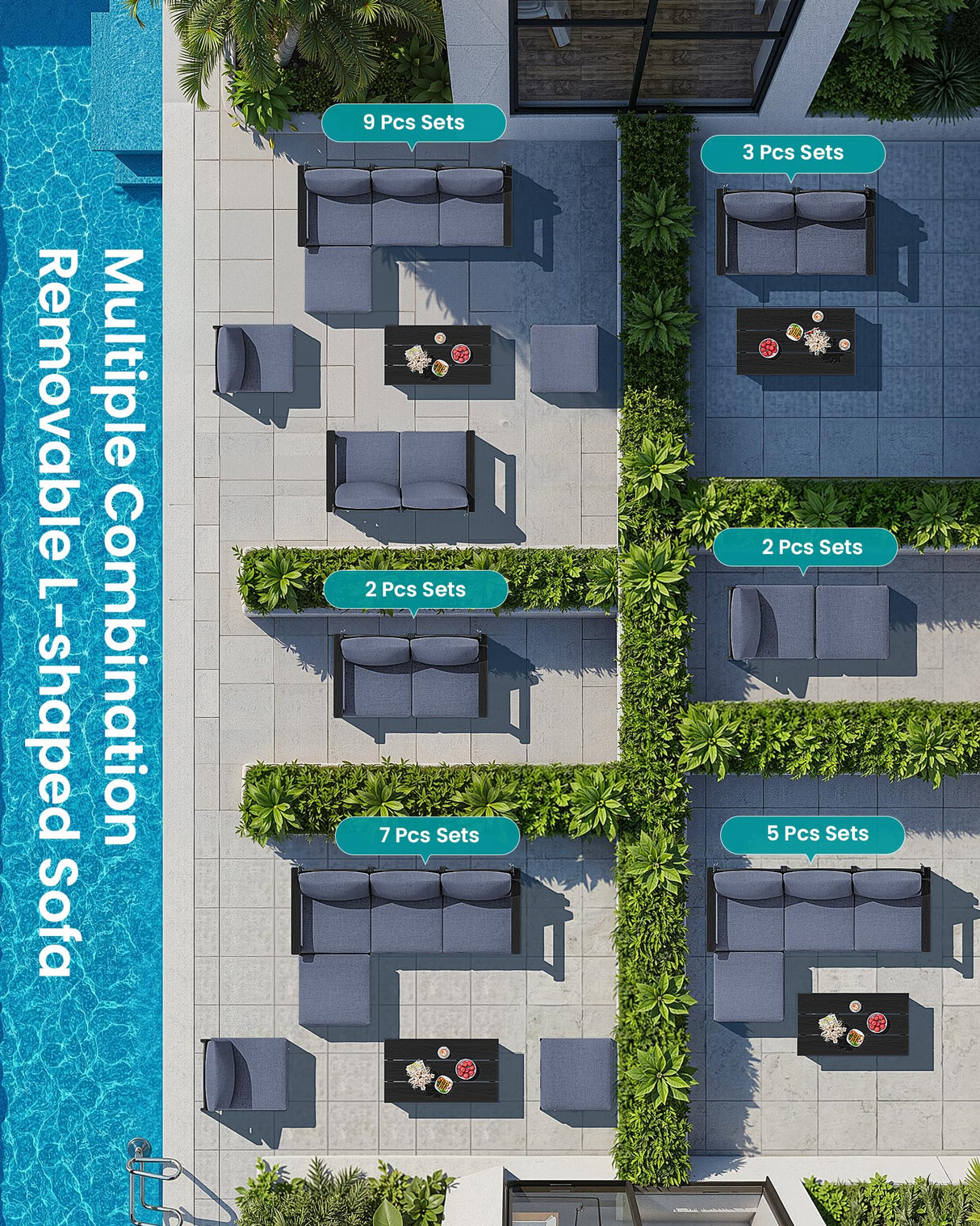 SERWALL 9 Pieces Patio Sofas, All-Weather HDPE Outdoor Sectional Sofa with Cushions and Coffee Table, Extra-Large Modular Conversation Set for Patio, Garden, Deck, Grey Frame with Grey Cushion SERWALL