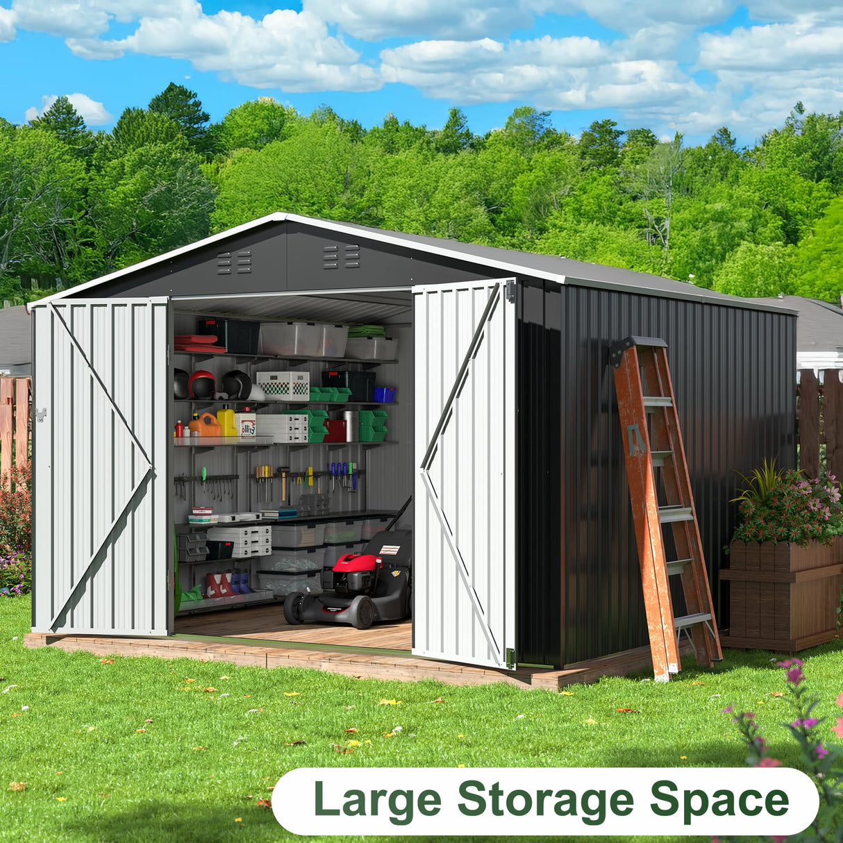 WKM 10x10 FT Outdoor Storage Shed, Utility Metal Tool Storage with Lockable Doors and Updated Frame Structure, Metal Garden Shed for Backyard, Patio Lawn, Black WKM