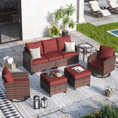 VONZOY Patio Furniture Sets, 6 Pieces Patio Outdoor Sectional Furniture, Wicker Rattan Conversation Sofa with Rocking Chair, Ottomans, Side Table, Wine Red Cushion