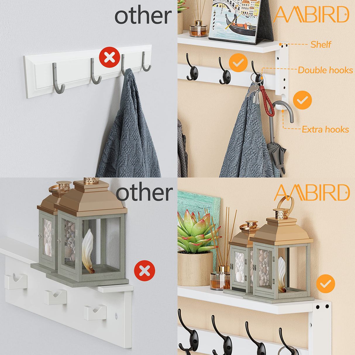 AMBIRD Coat Rack Wall Mount with Shelf, 28.9 Inches Coat Hooks Wall Mounted with 5 Hooks, Hat Wall Hooks for Hanging in Entryway, Living Room, Bathroom, Bedroom (White, 28.9 * 4.5 inches) AMBIRD