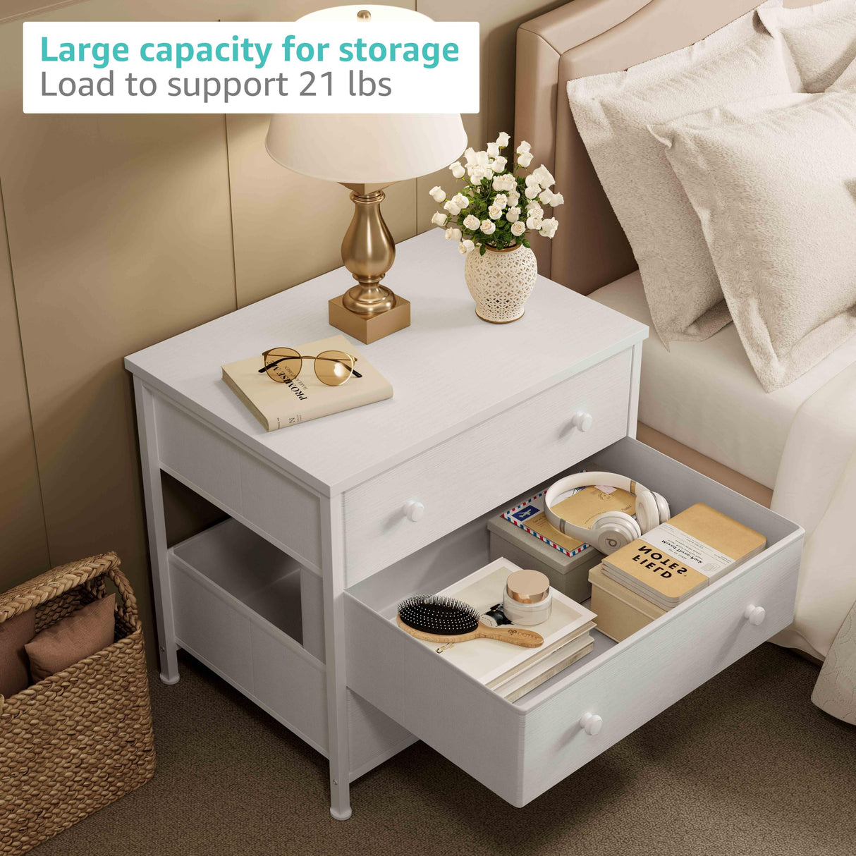 BOLUO White Nightstand with Fabric Drawers, Large Night Stand 3 Drawer Dresser for Bedroom, Closet, Girls Modern BOLUO