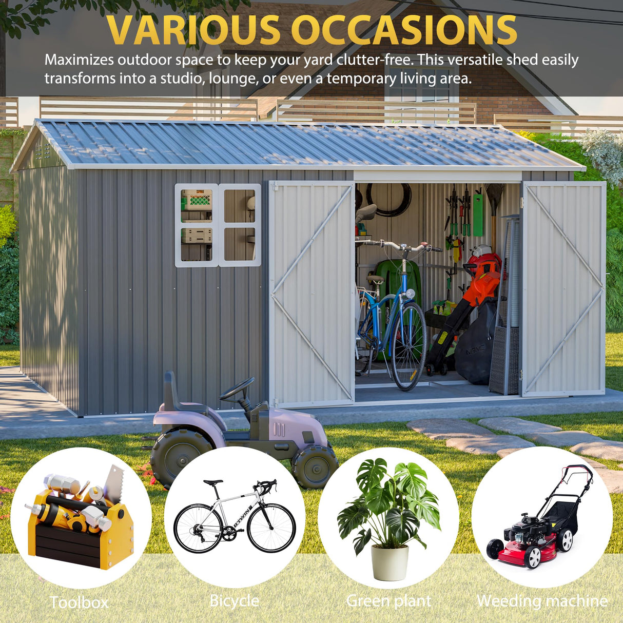 12x10 FT Outdoor Storage Shed Metal Garden Tool Shed with Lockable Doors Waterproof Steel Utility Building Heavy Duty Equipment Shelter for Backyard Patio Lawn Grey TYMMC