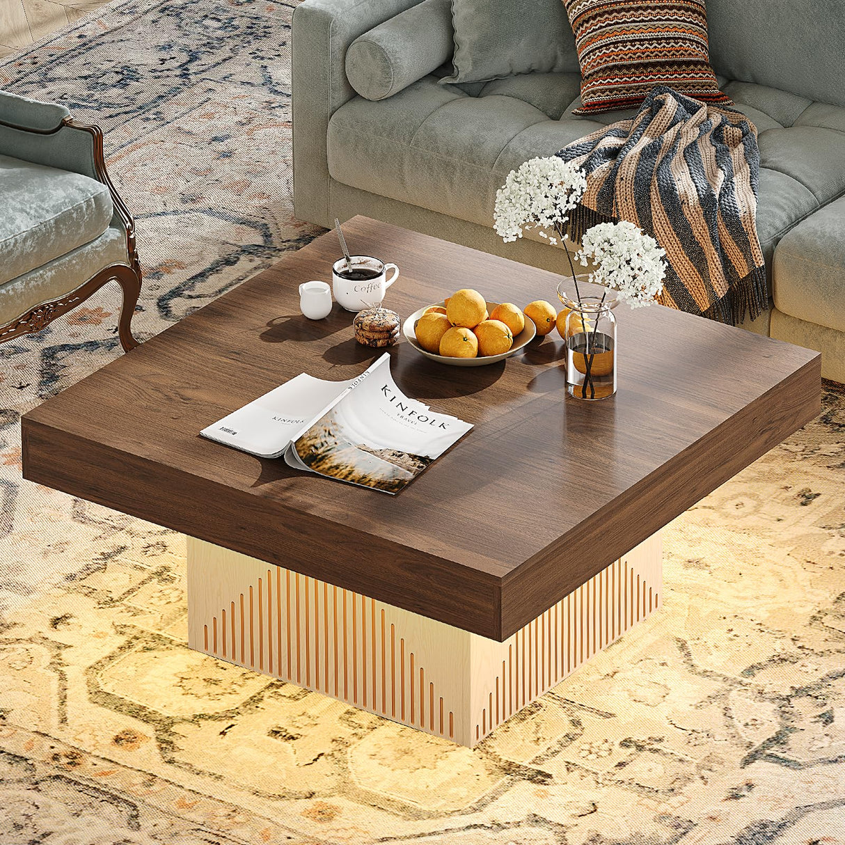 ONBRILL Coffee Table, Square Coffee Table with LED, Wood Low Coffee Table for Living Room, Center Table for Living Room, Natural Wood Grain - Rustic Brown+White ONBRILL