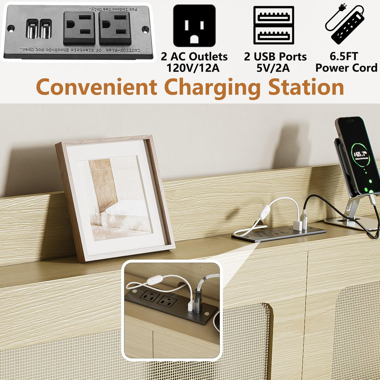 Natural Rattan Boho Queen Bed Frame with Storage Drawers, Charging Station, and LED Lights - PAKASEPT PAKASEPT