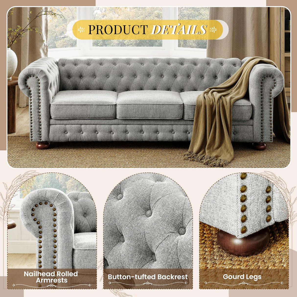 88.5''W Linen Chesterfield Sofa, Mid Century Modern Couch with Button Tufted & Rolled Armrests, Comfy 3-Seater Deep Seat Sofa with Nailhead Trim & Gourd Legs for Living Room, Apartment(Light Grey) JEEOHEY