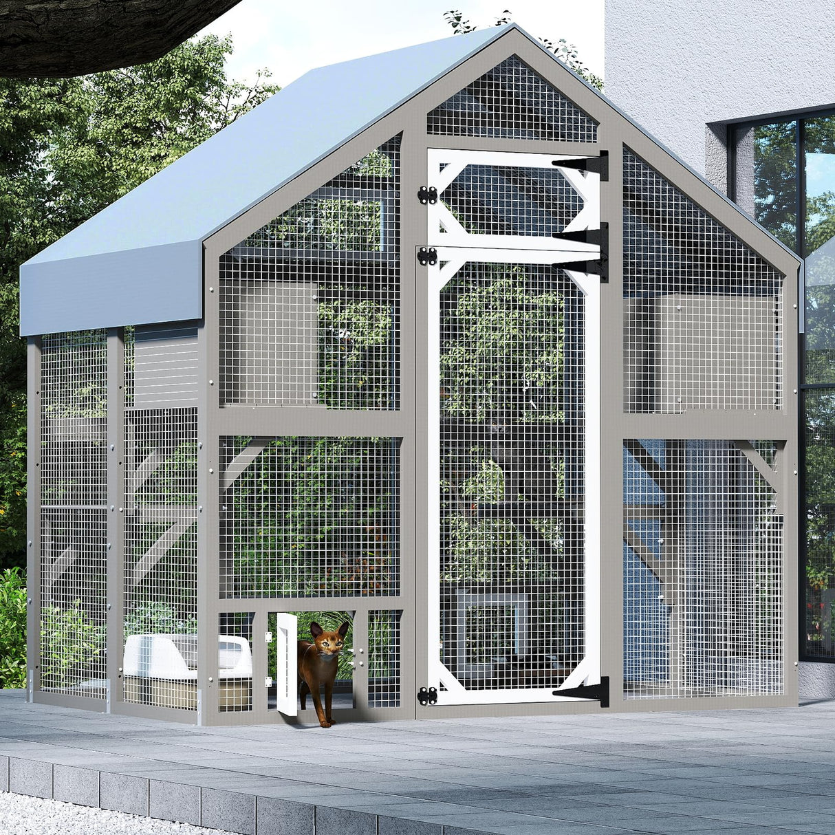 PetsCosset 71" H Catio Outdoor Cat Enclosure for Multiple Cats Large Wooden Walk in Cats House Outside Weatherproof Roof,Attached to House's Window,Cat's Door and Tunnel PetsCosset