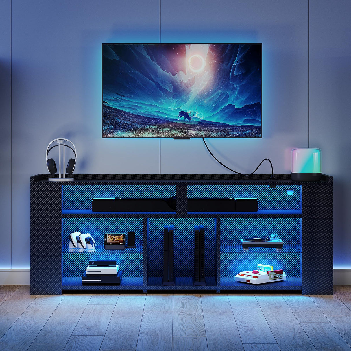 IRONCK Entertainment Center with Storage, 55 Inch Tall TV Stand with Power Outlet, LED Gaming TV Cabinet for PS4, Black TV Stand with Carbon Fiber IRONCK