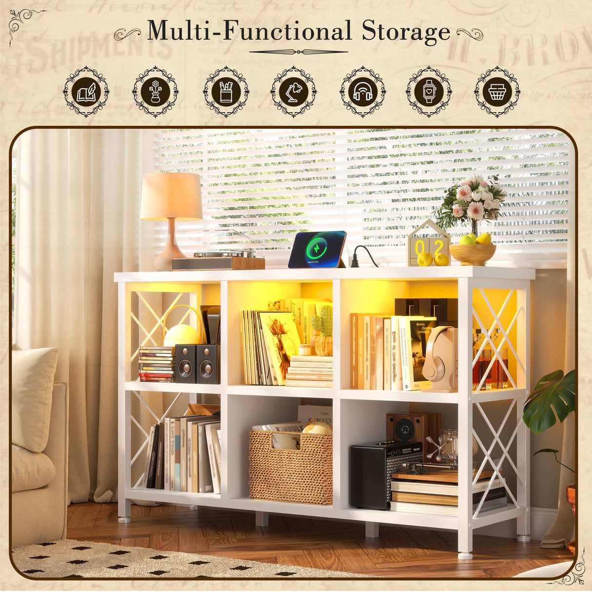 DurayLoly 6 Cube Storage Organizer with LED Light and Charging Station, Wood and Metal Cube Shelf, White Horizontal Book Shelf for Bedroom, Home Office DurayLoly