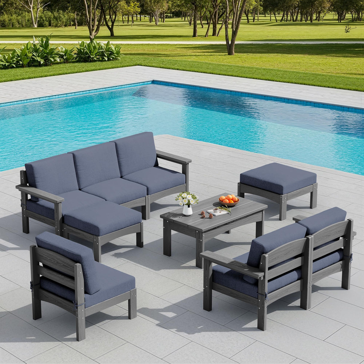 SERWALL 9 Pieces Patio Sofas, All-Weather HDPE Outdoor Sectional Sofa with Cushions and Coffee Table, Extra-Large Modular Conversation Set for Patio, Garden, Deck, Grey Frame with Grey Cushion SERWALL