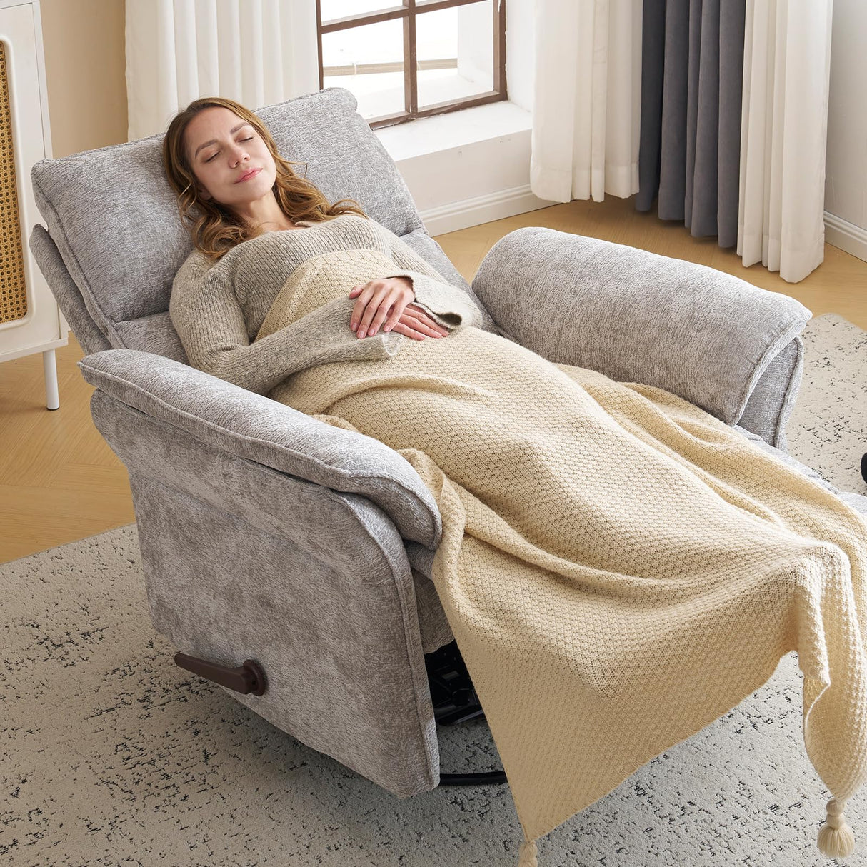 Rhevoy Oversized Glider Rocker Recliner, 26" Extra Wide 360° Swivel Nursery Recliner with Adjustable Headrest, Chenille Rocking Nursery Chair with Overstuffed Armrest, Lumbar Support, Light Grey Rhevoy