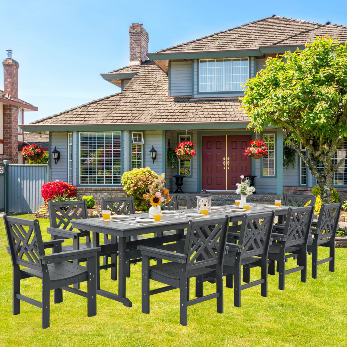 HDPE Dining Table Set for 10,12-Piece Outdoor Table and Chairs Include 10 Dining Chairs and 2 Pcs 62.5" Patio Dining Table with Umbrella Hole (Gray) AZXZCS