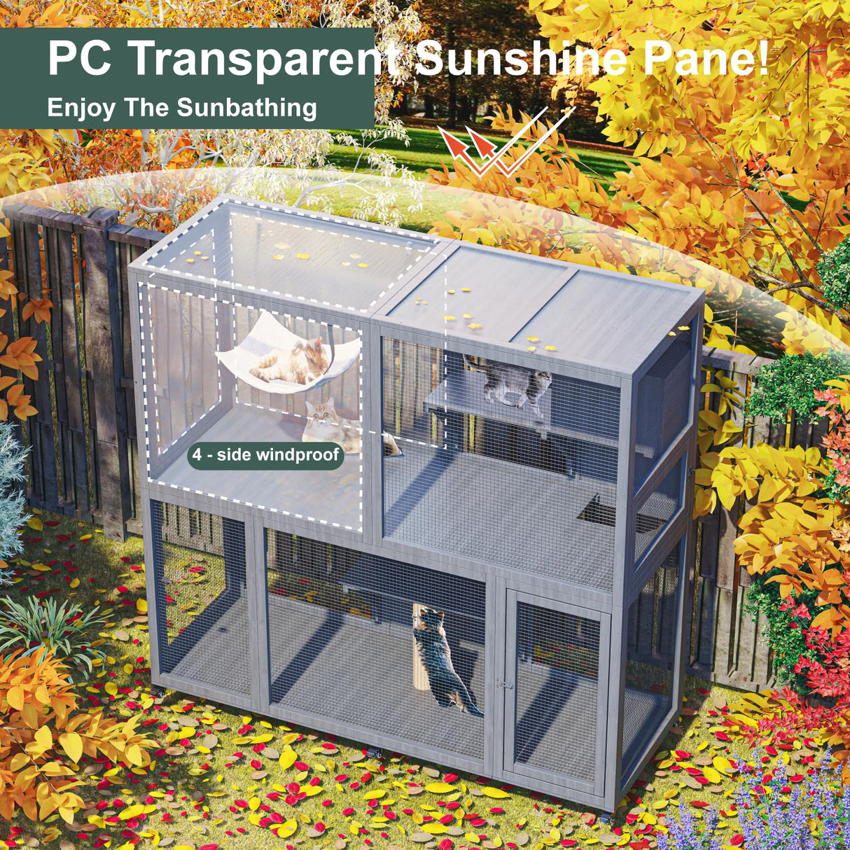 TIMHAKA Large Indoor Catio with Wheels, 4 Tier Cat Enclosures House for Outdoor Sunbathing, 66" Multi-Feature Wooden Kitty Cage for Patio with 4 Access Doors, Gray TIMHAKA