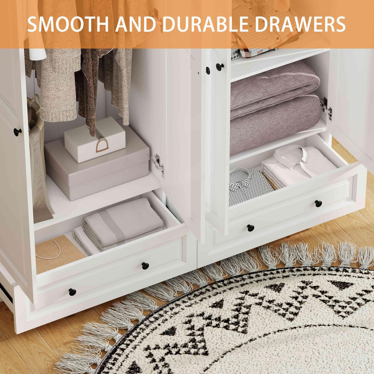 Mhsatyrs Armoire Wardrobe Closet with Drawers: 74" Large White Armoire Wardrobe Closet with 4 Doors, Bedroom Armoires with Hanging Rod and 2 Drawers, Wooden Clothes Storage Cabinet (White, 63") Mhsatyrs