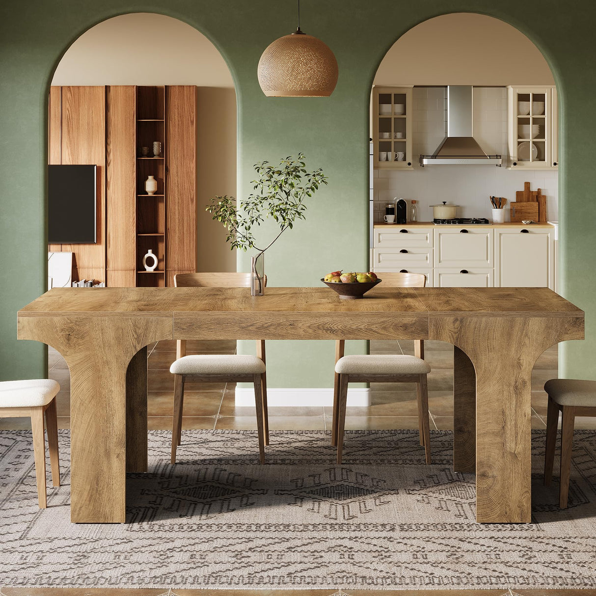 Tribesigns 71-Inch Large Dining Table for 6-8, Farmhouse Wooden Kitchen Table with Arched Design, Rectangular Dining Room Furniture with Double Pedestal for Dinner, Banquet, Natural Wood Grain Tribesigns