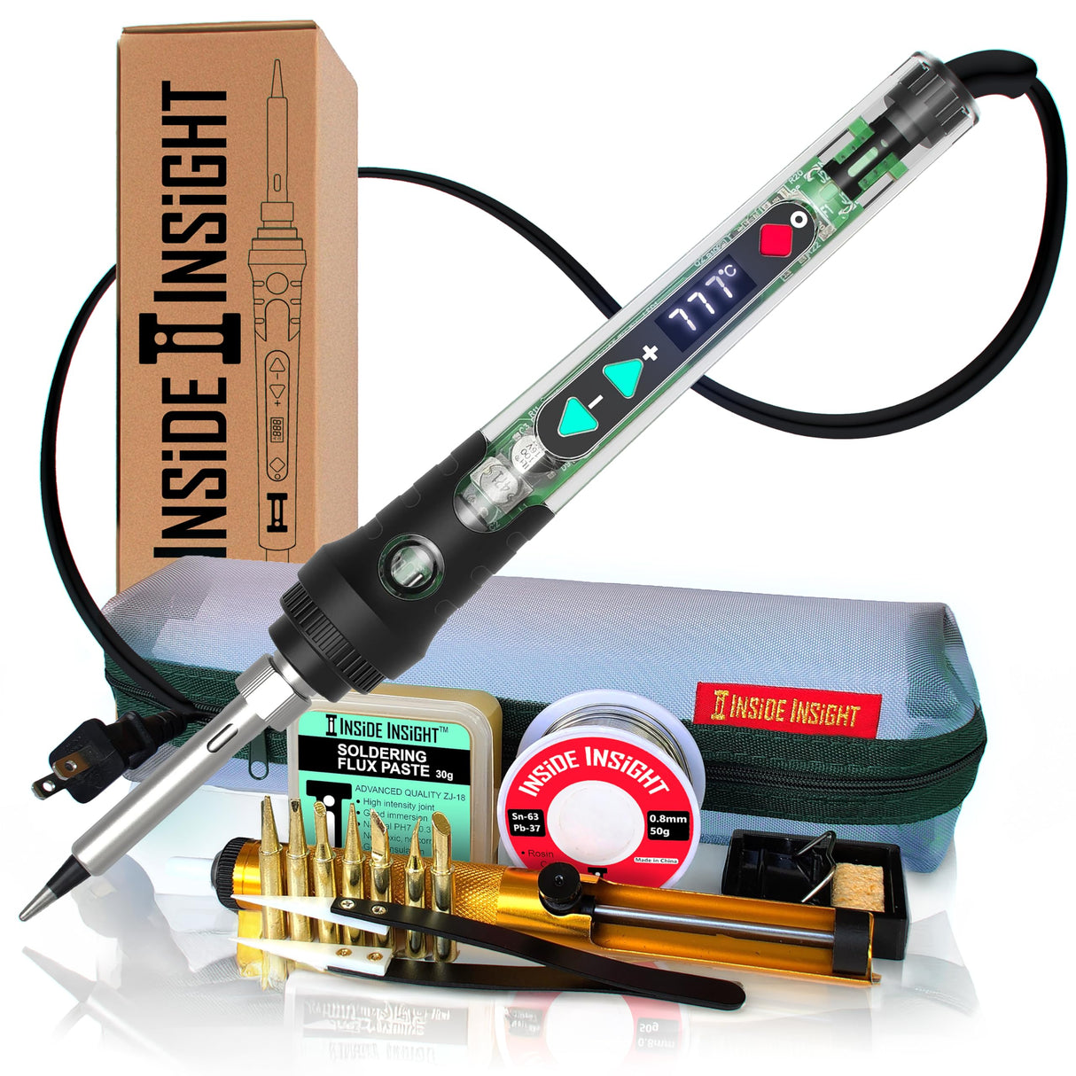 Premium Inside Insight Clear Wood Burning Kit & Soldering Iron Kit + Case, Solder, 8 Tip, Tweezer, Pump, Flux, Precise Pen-Fast Heat, LCD Temp Control 392-932°F, Art, Craft, Electronics, Pro DiY Inside Insight