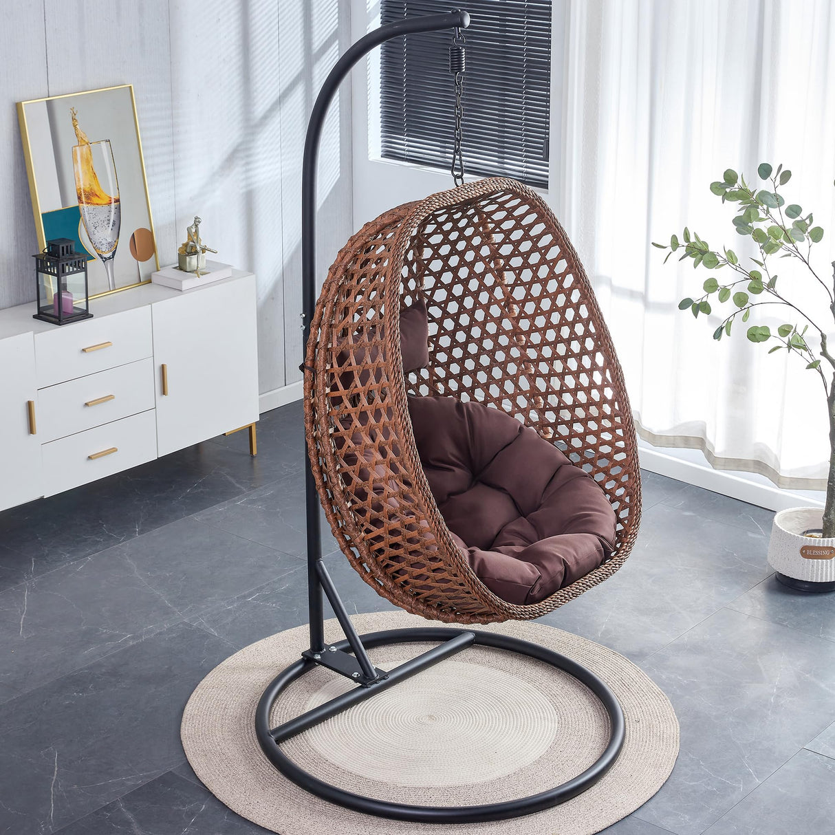 CRIPNAS Egg Swing Chair Outdoor with Stand, Hanging Egg Rattan Basket Chair with Cushion and Pillow, Lounge Chair, Foldable Basket and Metal Stand for Porch, Patio, Bedroom, Balcony,Yard (Brown) CRIPNAS