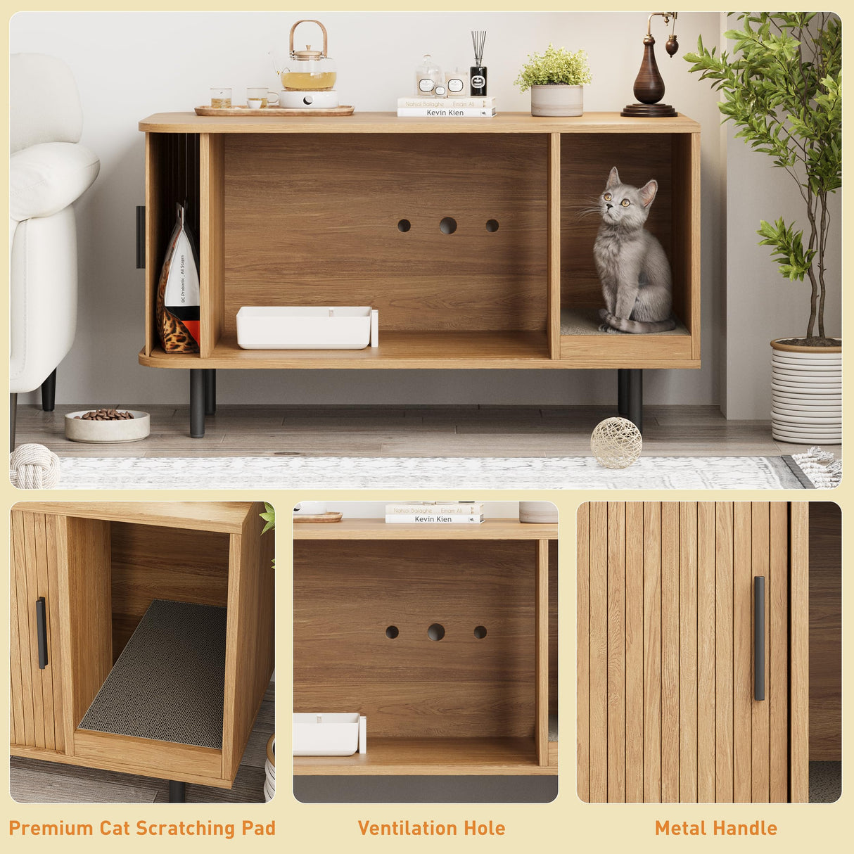 Cat Litter Box Enclosure with Cat Scratch Pad, Sliding Door, 37.4" Litter Box Enclosure Furniture Hidden Litter Box, Modern Indoor Cat House, TV Stand, Side End Table for Living Room, Natural Halitaa