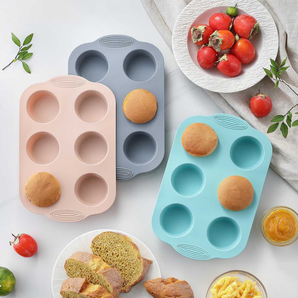 XZZWLL Silicone Muffin Pan, Food Grade Silicone Cupcake Molds for Baking Muffins and Cupcakes, 6-Cup Nonstick Cupcake Pan, Easy Cleaning and BPA-Free (Gray, Orange, Blue) XZZWLL