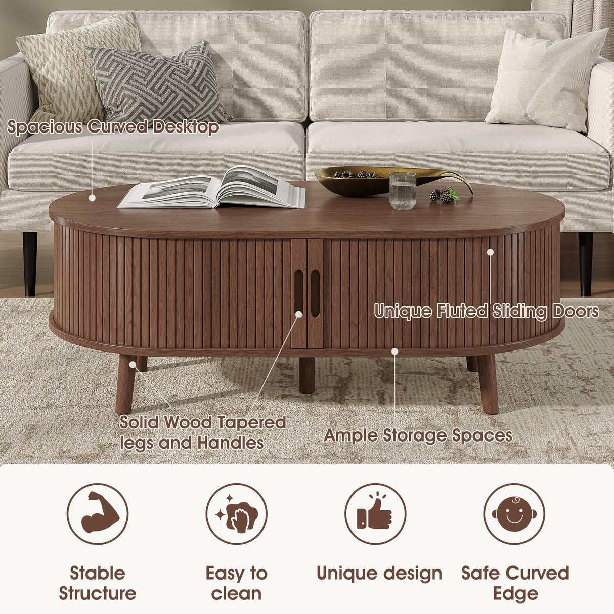 Alohappy Oval Coffee Table, Mid Century Modern Coffee Table with Sliding Tambour Door, Fluted Center Table with Hidden Storage, Curved Profile Dining Table for Living Room, Home Office,Walnut Alohappy