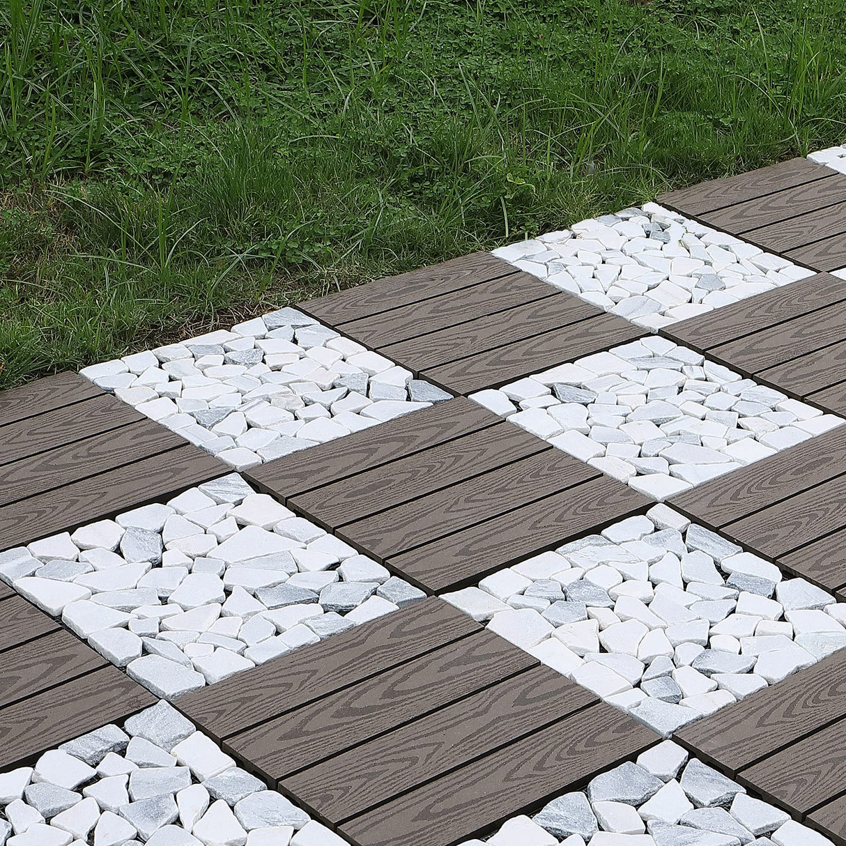 PURE ERA Natural Real Stone Interlocking Floor Deck Tiles Indoor Outdoor Use 12"x12" (4Pcs, 4 sq. Ft, Sliced Grey and White)- Great Upgrade to Patio Backyard Pathway PURE ERA