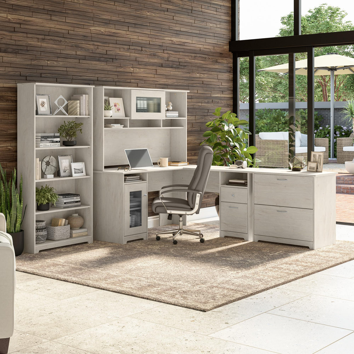 Bush Furniture Cabot 60W L Shaped Computer Desk with Storage in Linen White Oak Bush Business Furniture