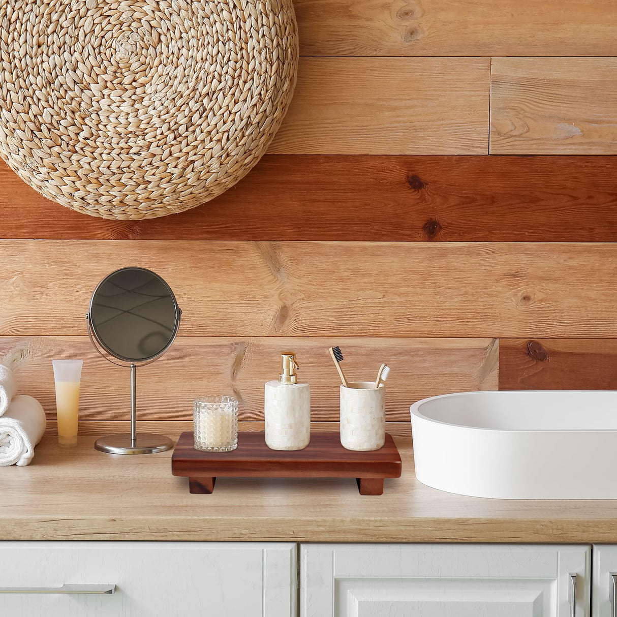 Acacia Wood Pedestal Soap Stand 9.8x4 Inches, 100% Solid Wood Riser, Rustic Candle Plant Holder, Soap Dish Holder Decor, Display Rectangular Tray for Kitchen Bathroom Counter Sink Farmhouse Decor Demigo