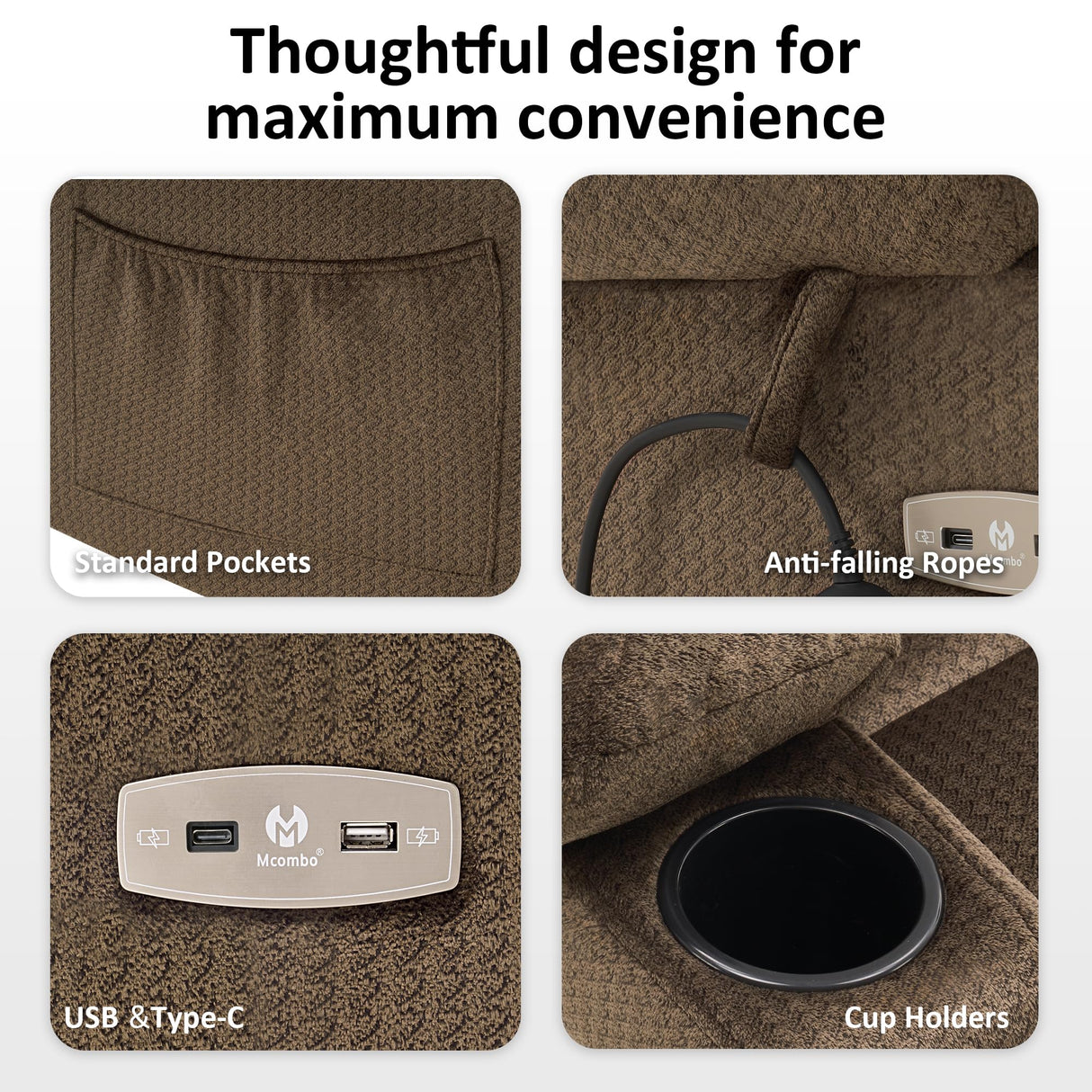 MCombo Dual Motor Power Lift Recliner Chair with Massage and Heat for Elderly People, Infinite Position, USB Ports, Cup Holders, Fabric 7679 (Medium, Brown) MCombo