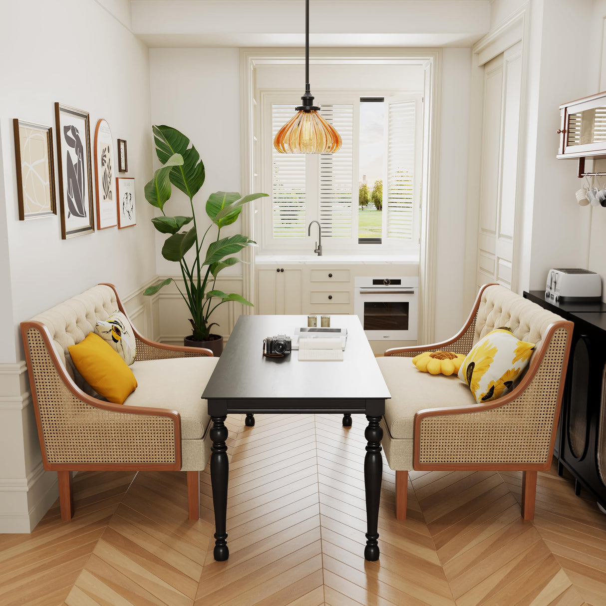 Andeworld Loveseat Settee Bench with Natural Rattan Arms,Upholstered Modern Mini Sofa Couch,Banquette Dining Bench Love Seat for Living Dining Room Bedroom Office Small Space Entryway,Beige Andeworld