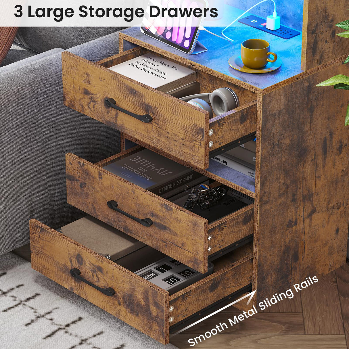 VIAGDO Tall Nightstand Set of 2 with Charging Station and LED Lights, Rustic Brown Night Stand Set 2 with Bookshelf, Modern LED Bedside Tables with 3 Drawers and Storage Shelves, Side Tables Bedroom VIAGDO