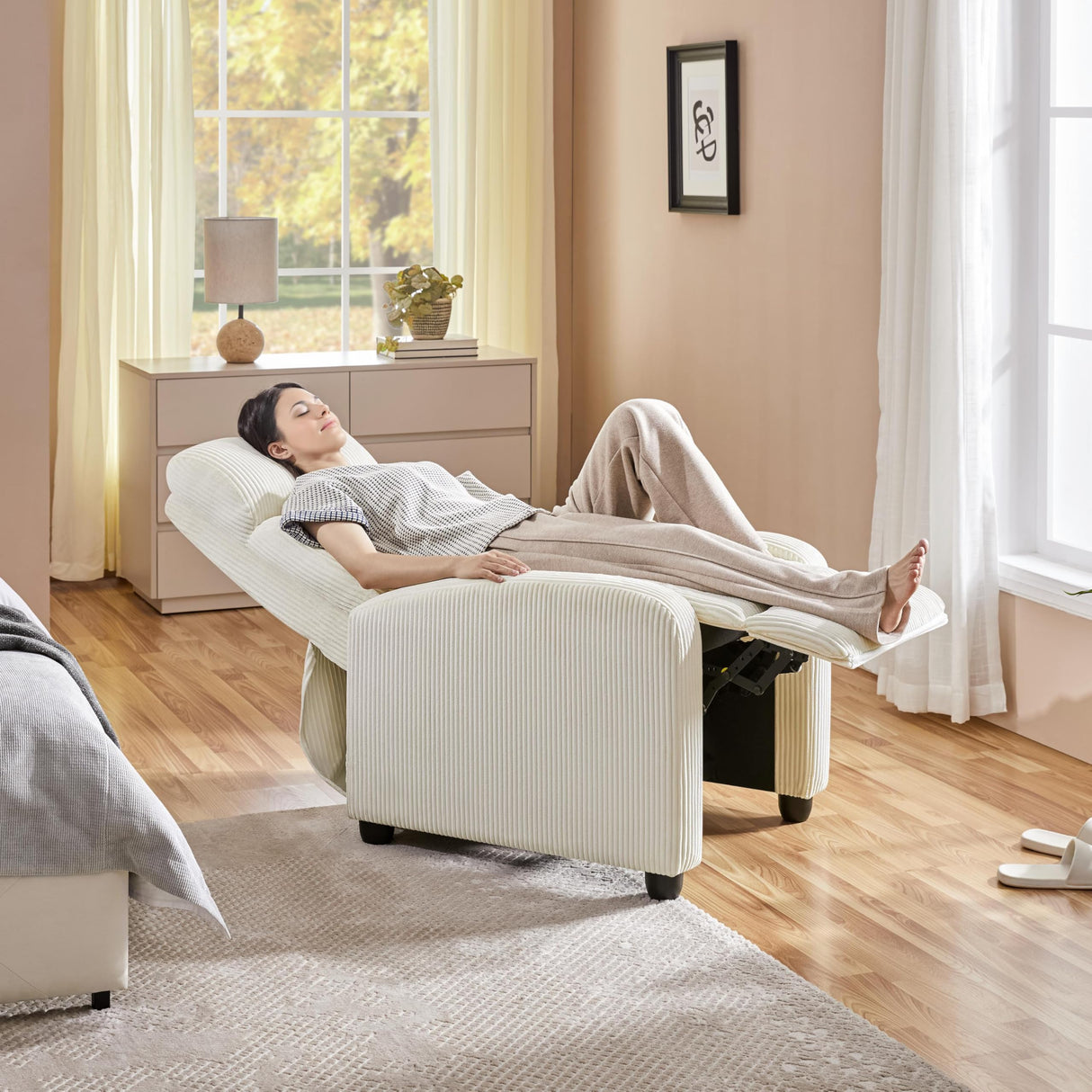 Topeakmart Corduroy Recliner Sofa Mid-Century Recliner Chair Single Reclining Chair Upholstered Sofa for Living Room Bedroom Home Theater Beige Topeakmart