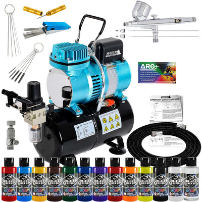 Master Airbrush Cool Runner II Dual Fan Air Tank Compressor System Kit with Professional G233 Gravity Airbrush Kit with 3 Tips, 12 Createx Wicked Colors Acrylic Paint, Air Brush Cleaning Tools