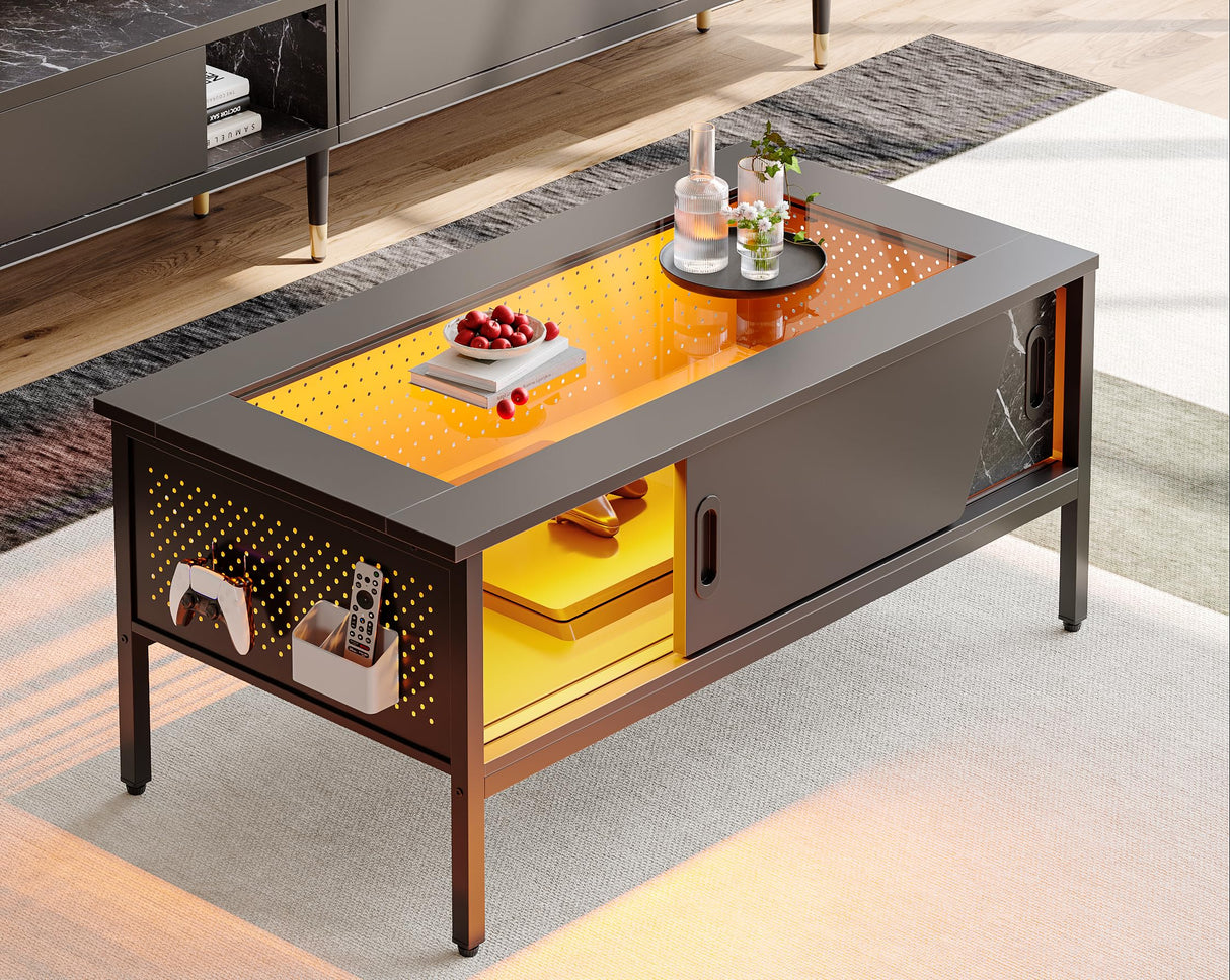 Bestier 42 Inch LED Coffee Table with Storage Glass Coffee Tables for Living Room with Sliding Doors, Black Living Room Center Table Bestier