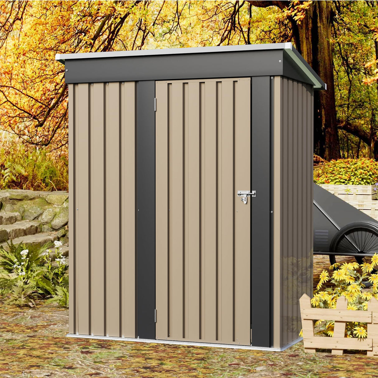 JUMMICO Metal Outdoor Storage Shed 5 x 3 FT Metal Shed with Lockable Door,Waterproof Garden Tool Shed Storage House for Backyard Patio Lawn, Brown JUMMICO
